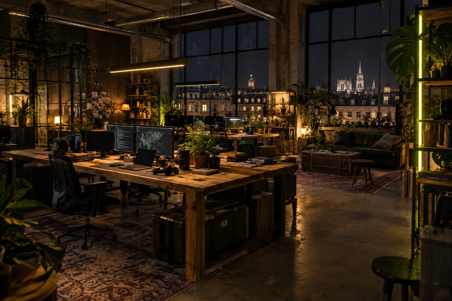 Entwurf eines warmen Industrie-Studios mit gemeinsamen Arbeitsplätzen und Blick über Wien